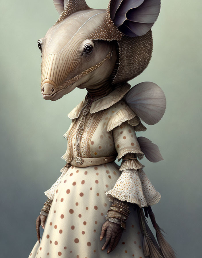 Anthropomorphic armadillo in vintage polka dot dress