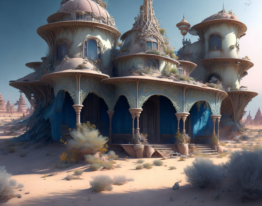 Ornate mushroom-shaped buildings in fantasy desert landscape