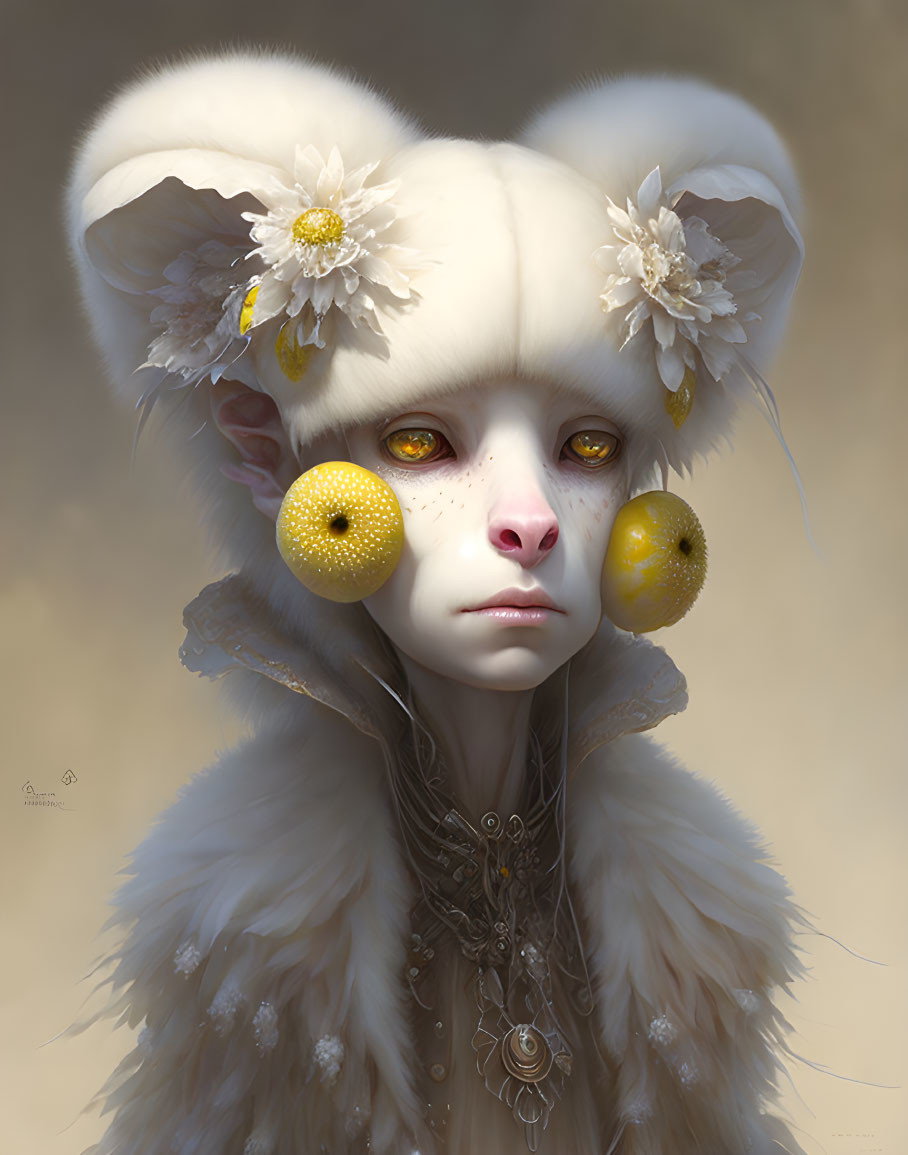 Fantasy creature illustration with pale face, large yellow eyes, and oversized ears.