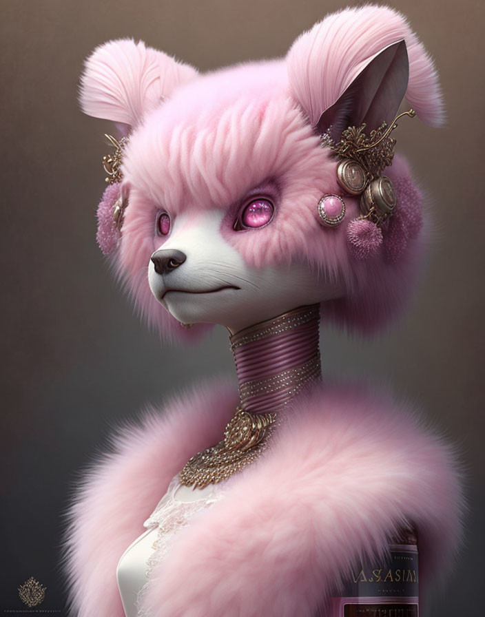 Pink fluffy feline-like creature with elegant jewelry and neckpiece