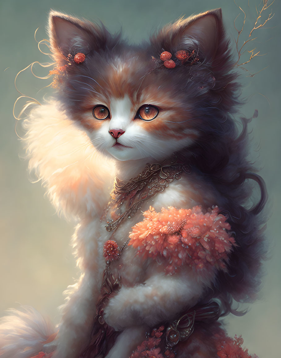 Fluffy cat with pink flowers and delicate jewelry illustration