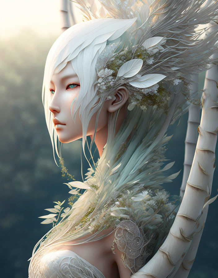 Ethereal figure with white floral and feather adornments and radiant light.