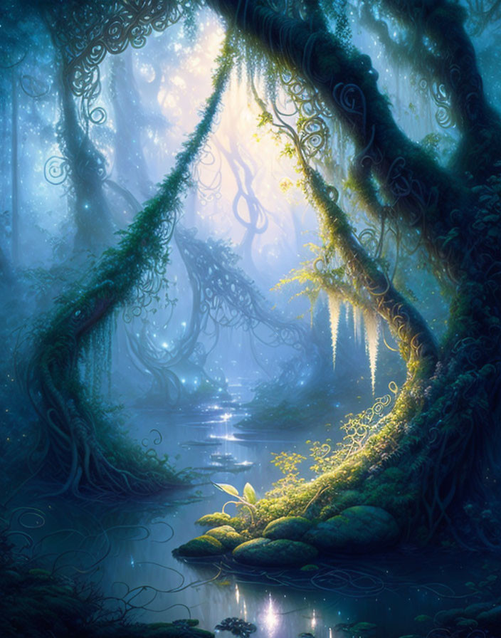 Ethereal forest scene: sunlight, mist, twisted trees, glowing plants, tranquil pond