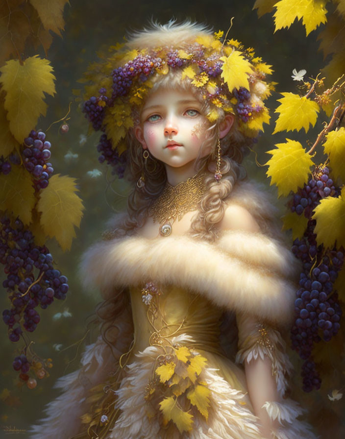 Whimsical painting of girl with grape clusters and autumn leaves