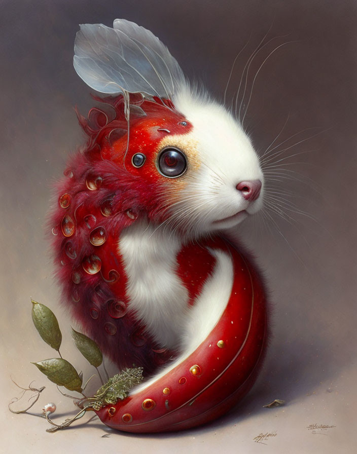 Illustration of whimsical creature: red & white rabbit body, octopus-like red spots, feather