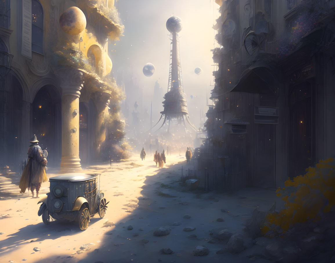 City street with floating orbs, people, tower in golden misty light