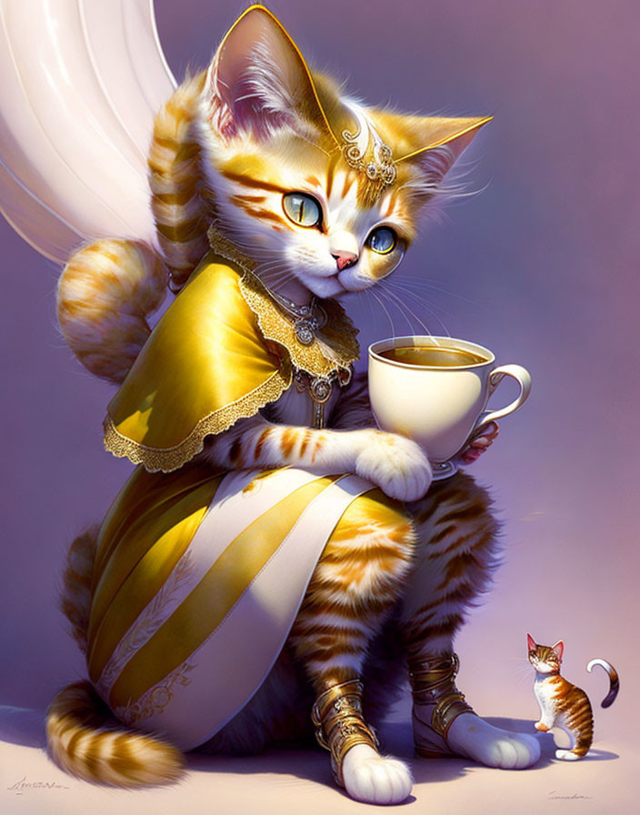 Anthropomorphic cat in royal attire with tea cup beside tiny mouse on purple backdrop