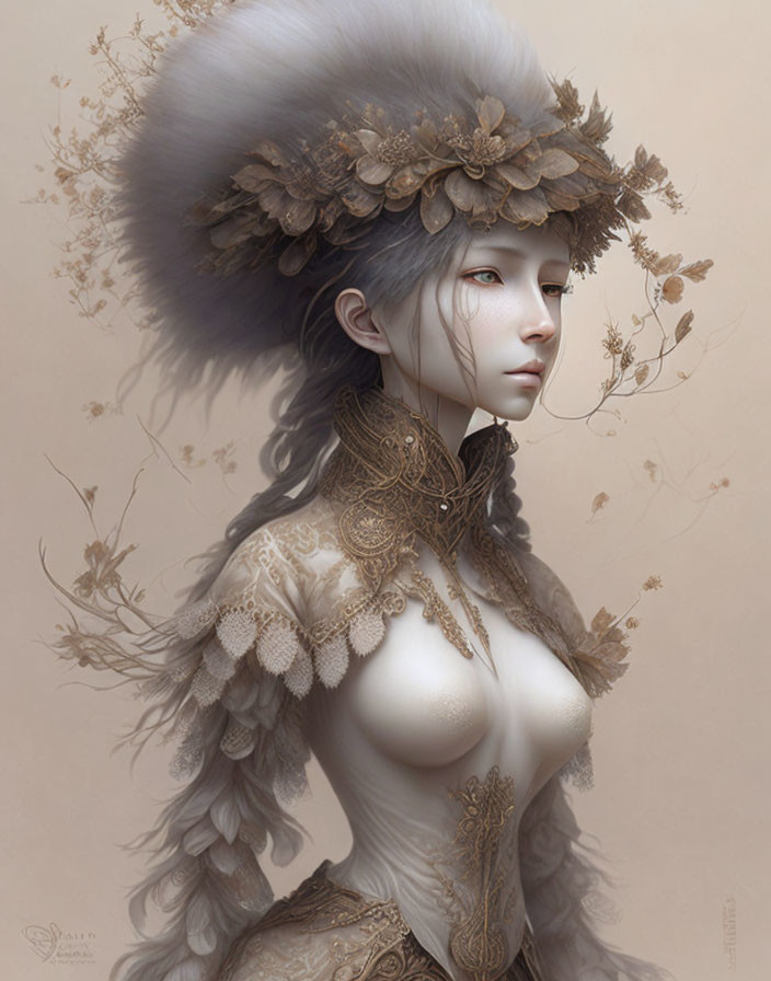 Ethereal female figure with ornate headdress and golden collar against beige background