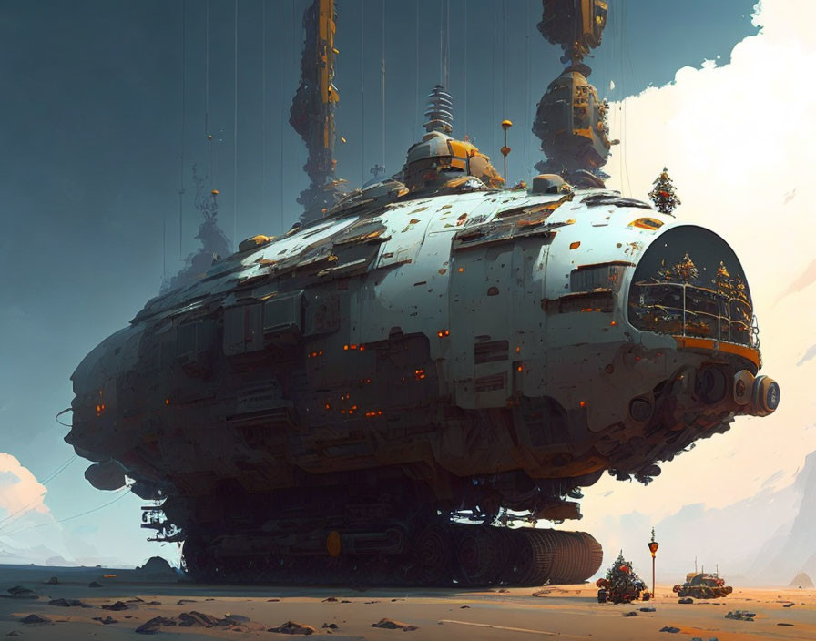 Gigantic futuristic spacecraft on desert terrain with caterpillar tracks