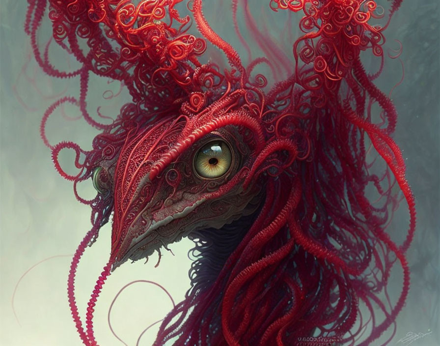 Fantastical creature digital illustration with red tendrils and yellow eye