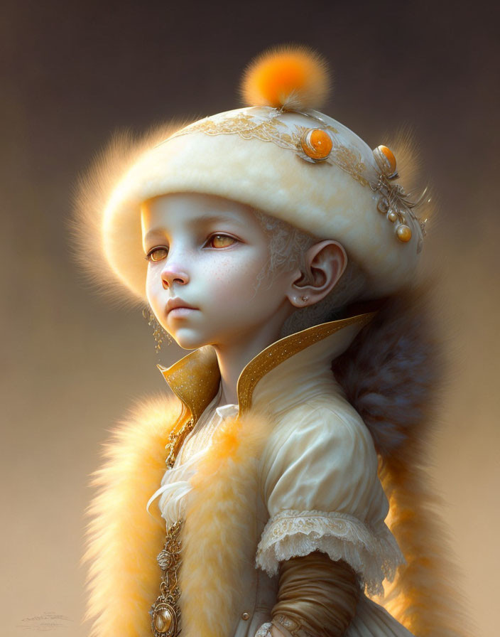 Child portrait in cream fur coat with gold accents