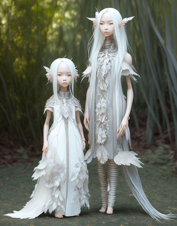 Intricately Designed Fantasy Dolls in Elfin Attire Among Woodland Scene