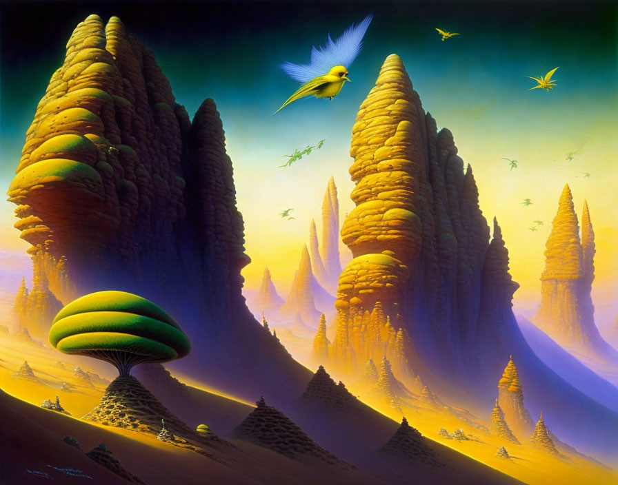 Colorful fantasy landscape with rock formations, green mushroom, and flying birds.