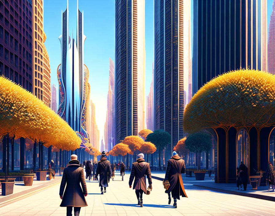 Futuristic cityscape with tall buildings and vibrant yellow trees