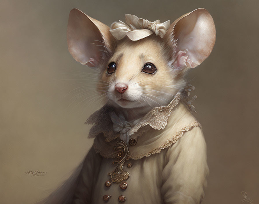 Illustration of whimsical mouse in vintage outfit with lace collar and ribbon bow