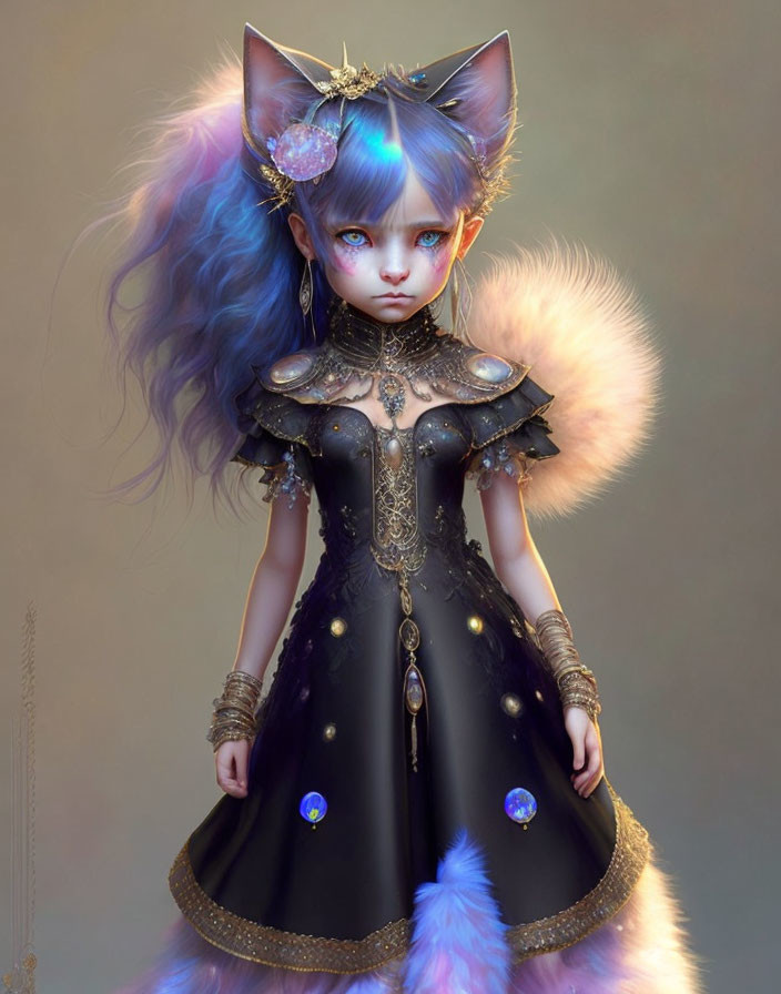 Vibrant blue-haired anthropomorphic cat girl in black and gold dress