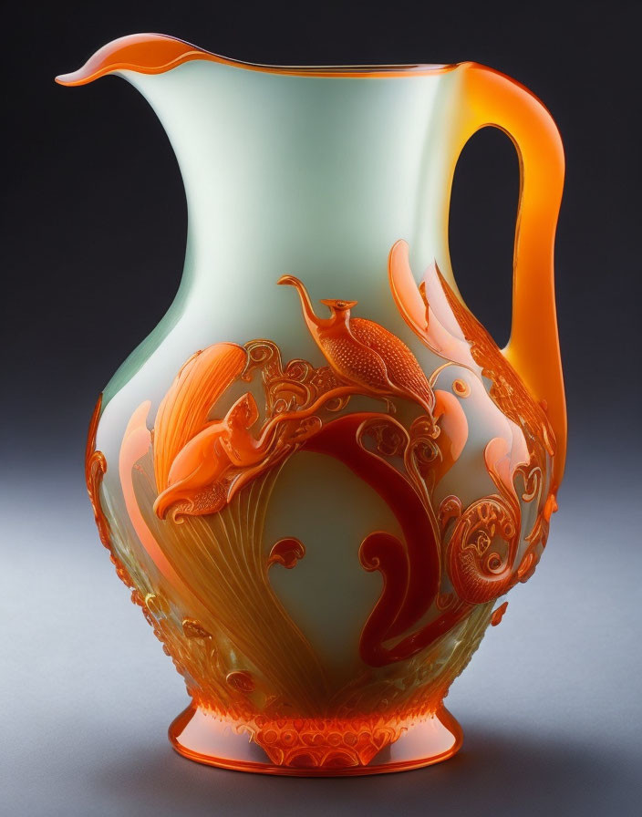 Cameo glass pitcher: Light green to orange gradient with bird and botanical relief designs