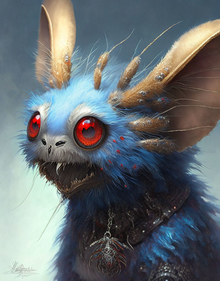 Fantastical creature with blue fur, red eyes, and unique spikes