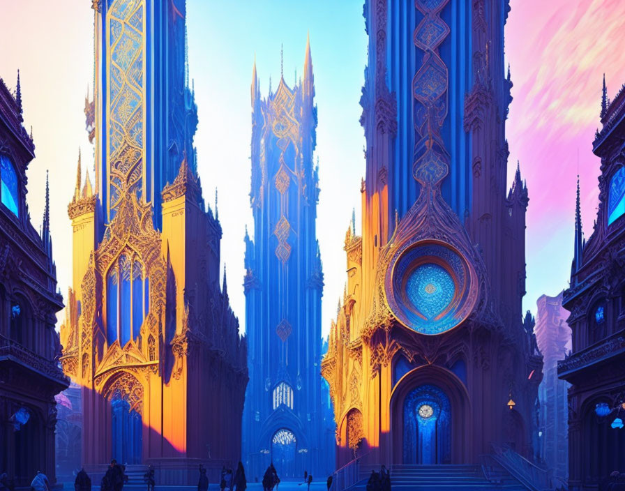 Fantastical cityscape with ornate gothic spires under pink and blue sky