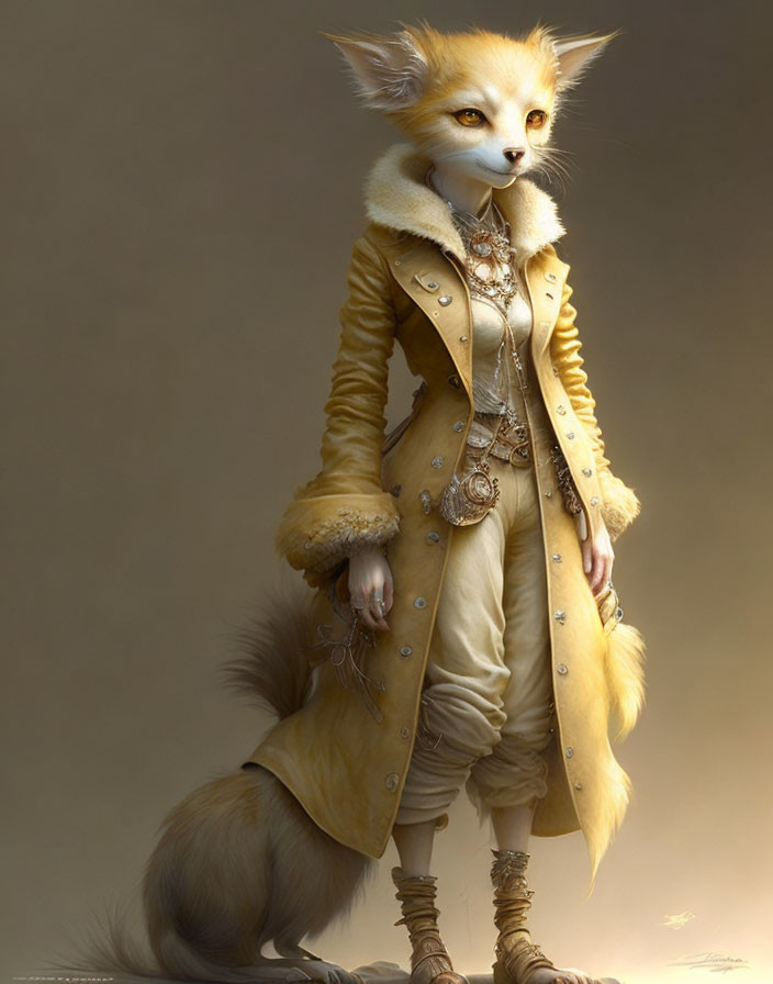 Elegant anthropomorphic fox in yellow coat and walking stick