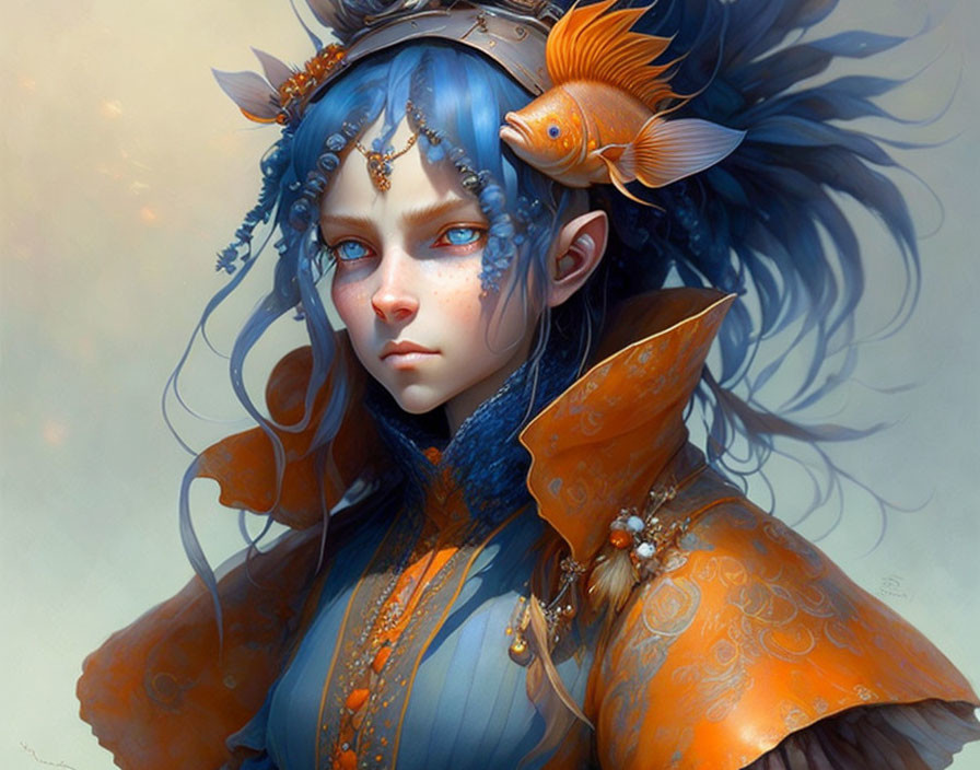 Fantastical female character with blue skin and goldfish in intricate orange attire