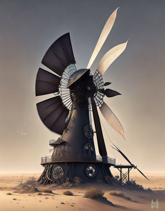 Steampunk-inspired windmill with intricate sails in desert landscape