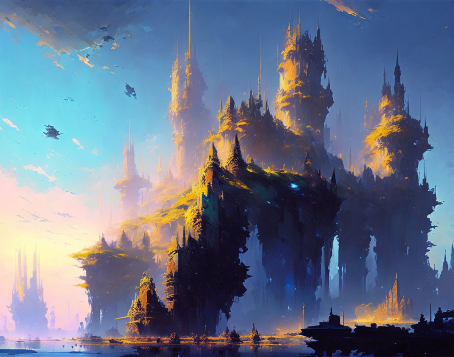 Fantastical cityscape with glowing spires and floating islands at sunset.