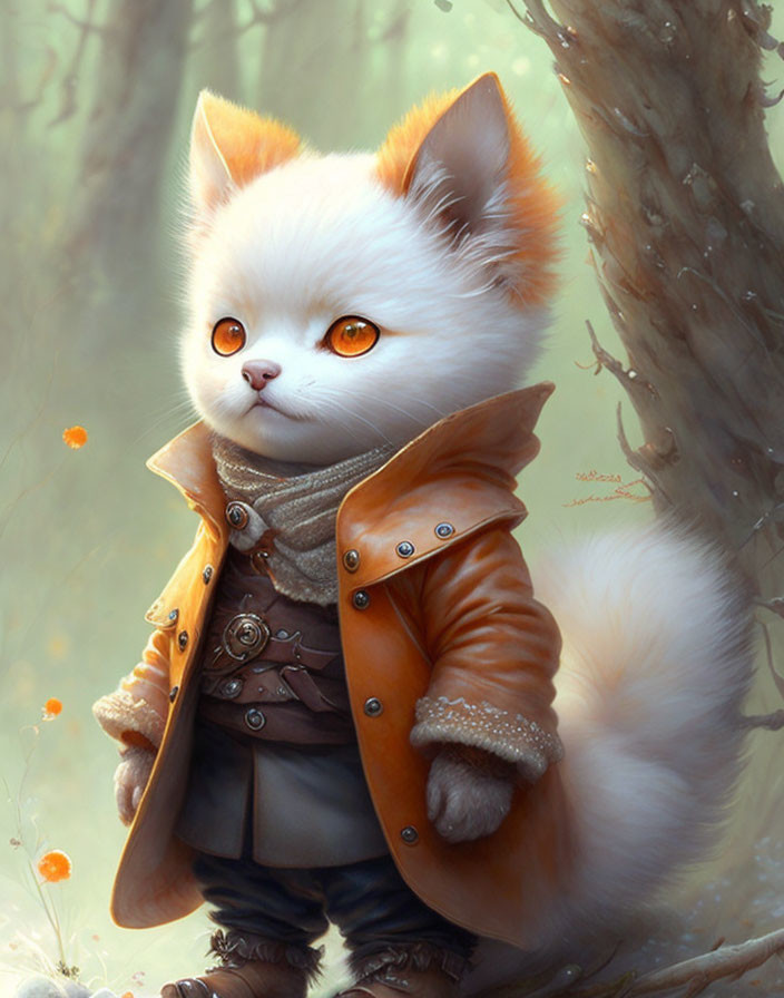 White Kitten in Brown Jacket and Scarf in Forest Setting