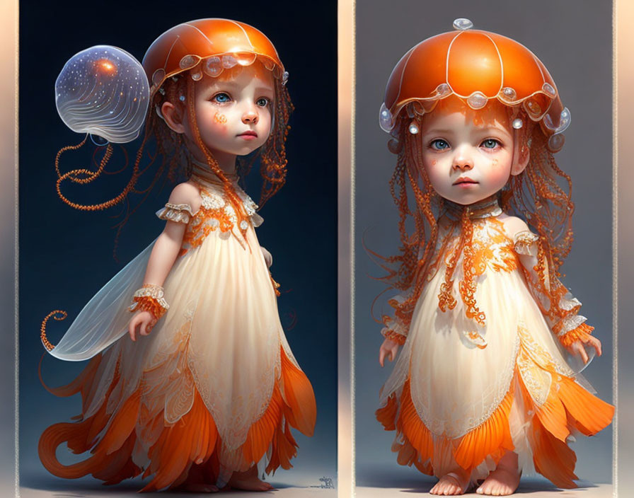 Young girl digital illustration in ornate orange dress with jellyfish helmet.