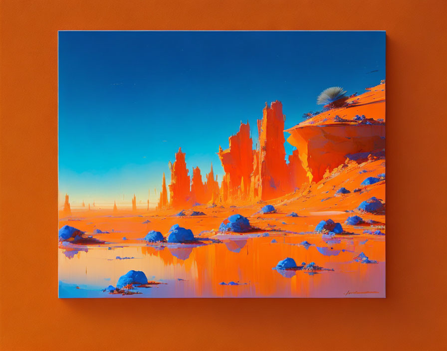 Sci-fi landscape painting with orange and blue hues on orange wall