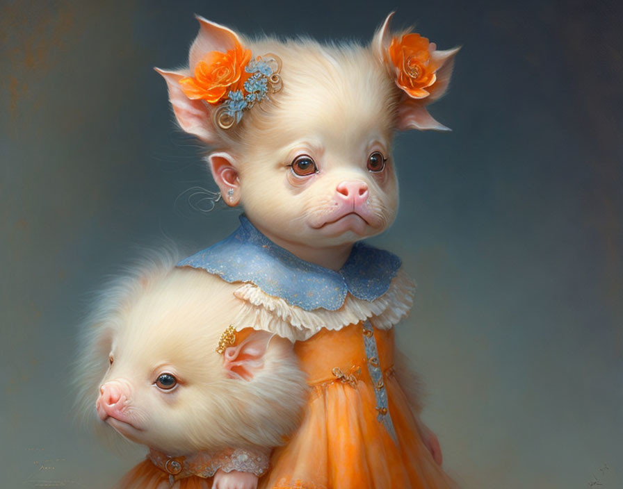 Anthropomorphic piglets in vintage attire with floral accessories