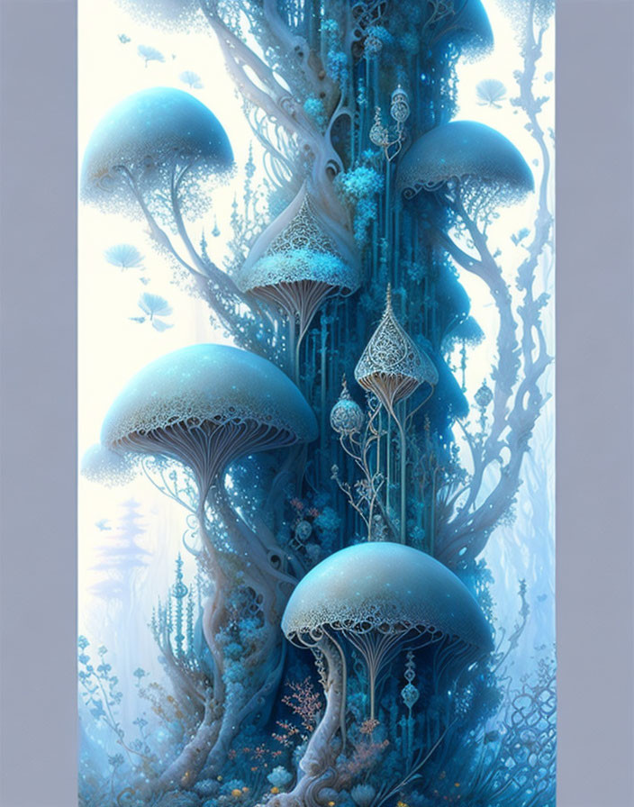 Surreal artwork of luminescent mushroom trees in underwater landscape