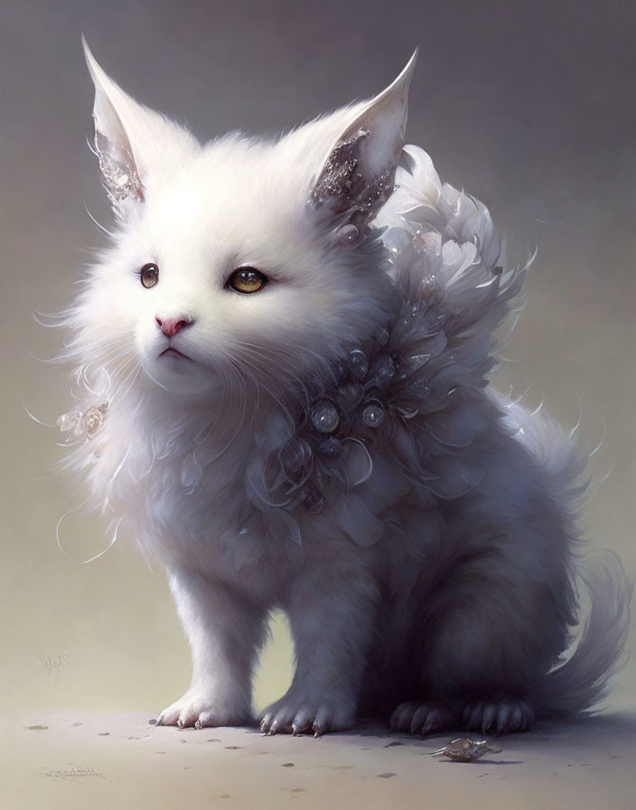 Fluffy white cat with pointed ears and whimsical embellishments