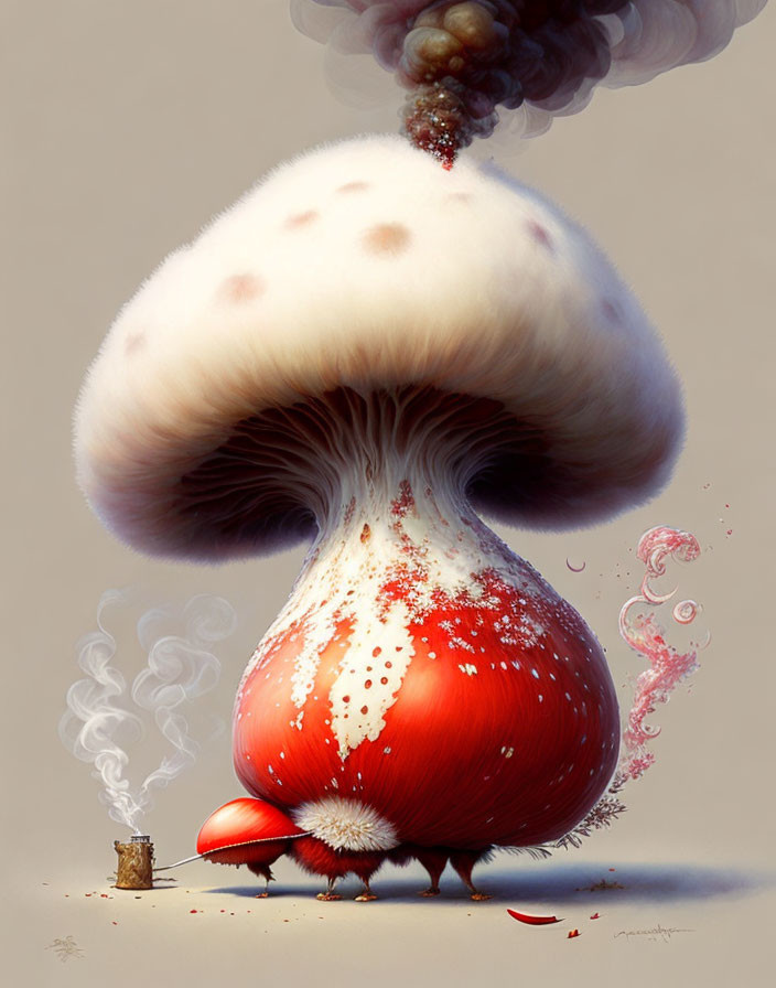 Illustration of whimsical mushroom cloud explosion with red and white mushroom and ignited fuse