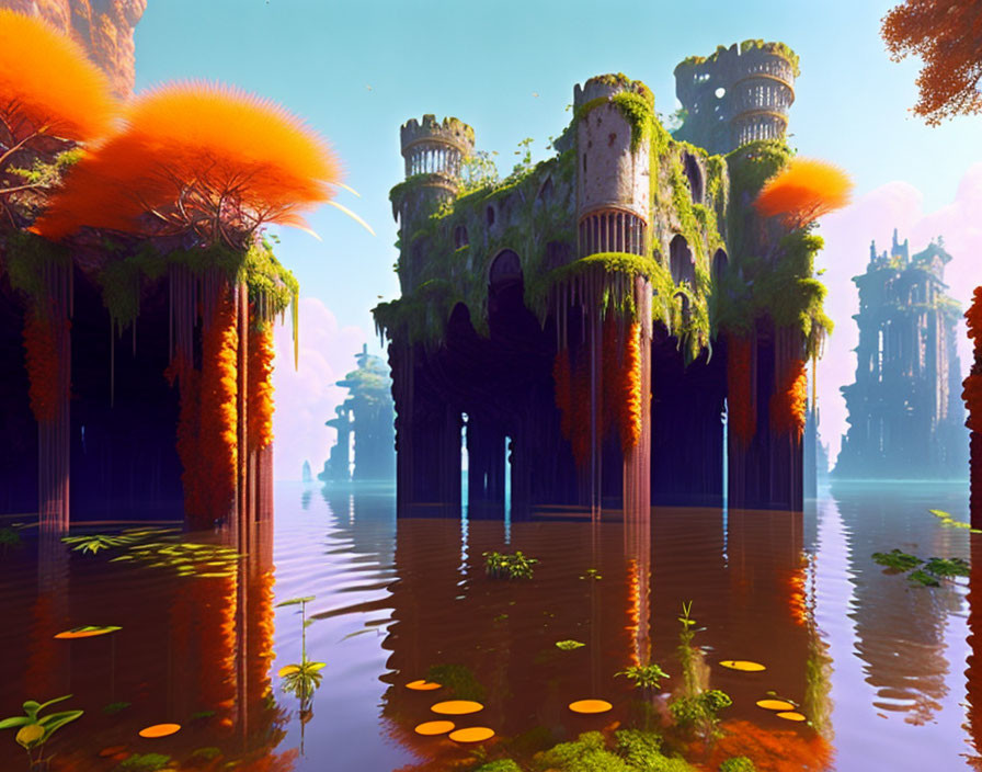 Fantastical landscape with vibrant orange foliage and ancient ruins by serene waters