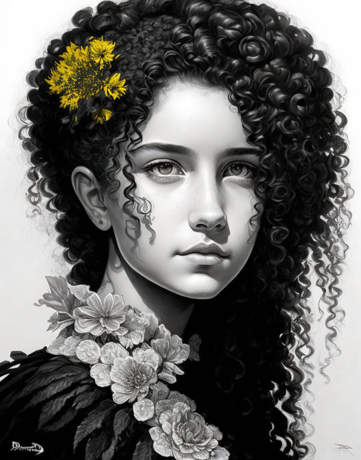 Monochromatic portrait of girl with curly hair and floral accents