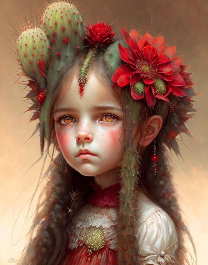 Young girl portrait with green eyes, red flowers, and cactus paddles in hair