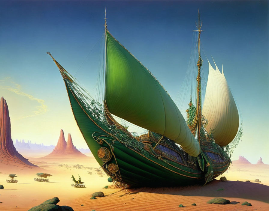 Fantastical ship with large green sails marooned in desert landscape