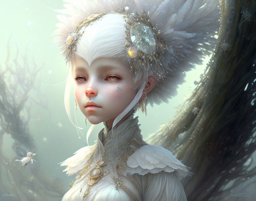 Fantasy portrait: Young female in white feathered attire with gold jewelry and glowing insect.