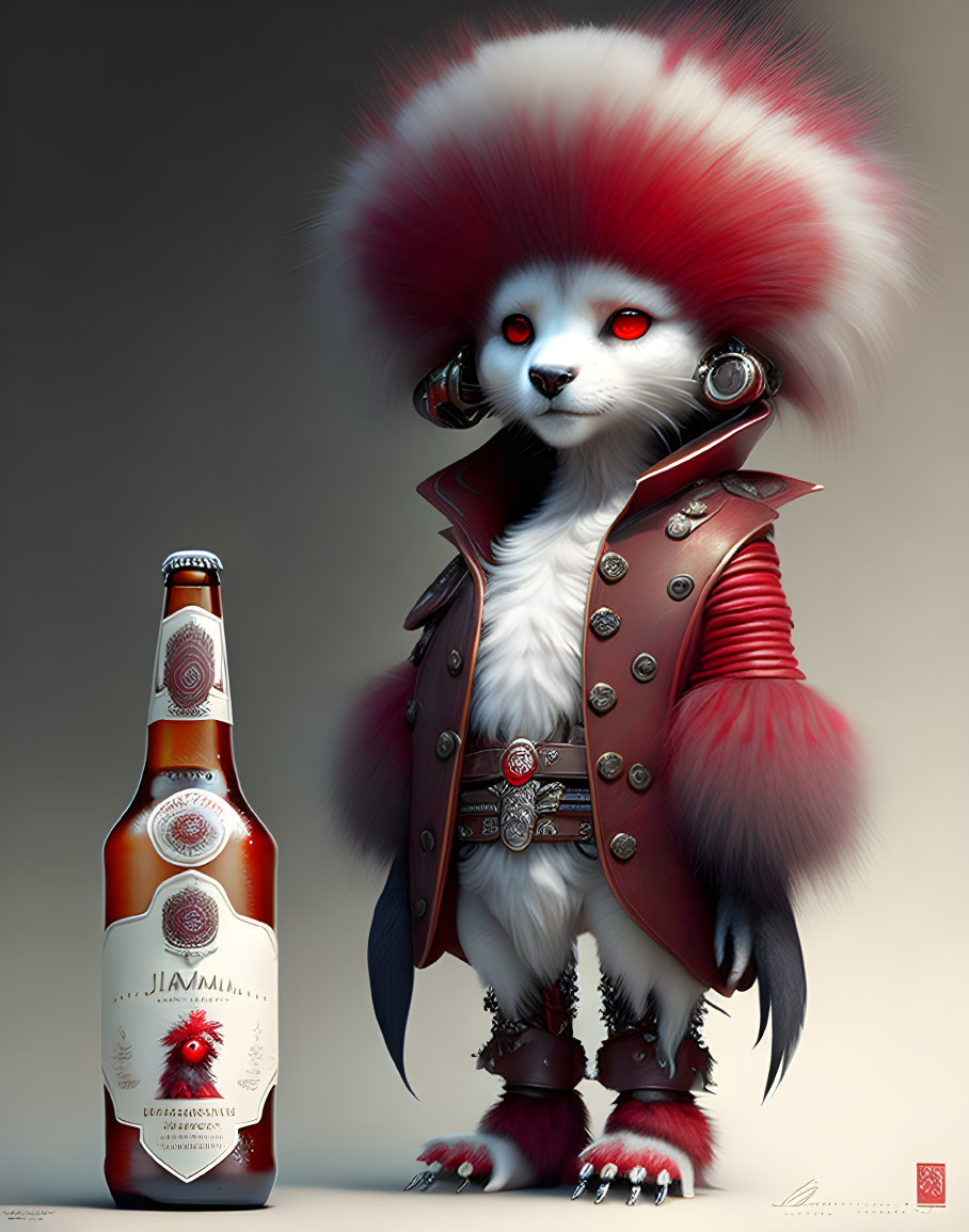 Red panda-inspired anthropomorphic character with punk style outfit and liquor bottle