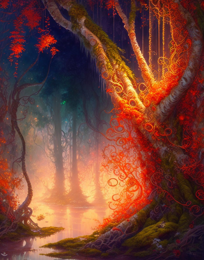 Vibrant orange tree in mystical forest with glowing light and tranquil water