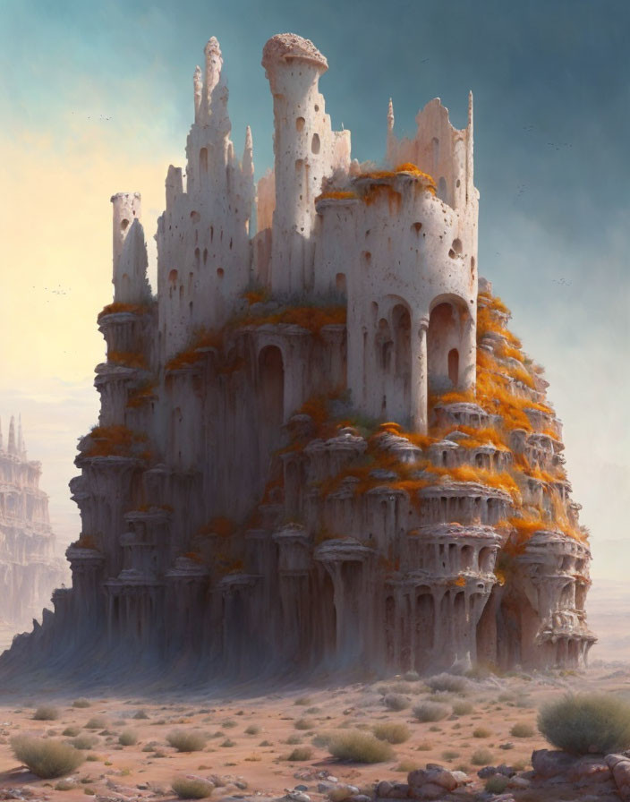 Weathered desert fortress with orange foliage under hazy sky