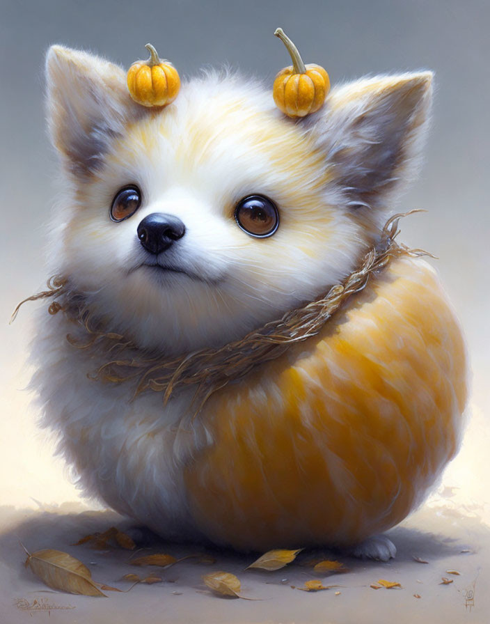 Fluffy corgi-like creature with straw necklace and pumpkin ears.