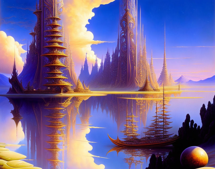 Ornate golden towers in fantastical landscape with purple mountains