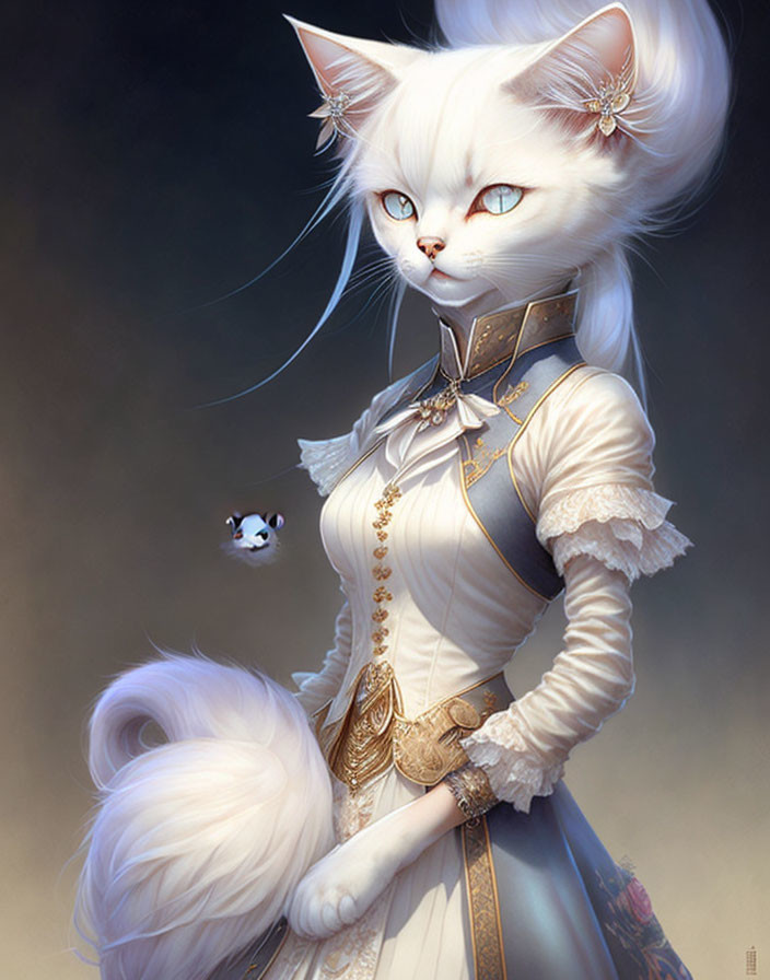 Elegant anthropomorphic white cat with lace collar and golden embellishments