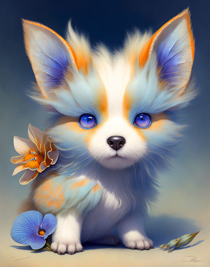 Fantasy creature with blue eyes, fox-like ears, orange fur, and colorful flowers