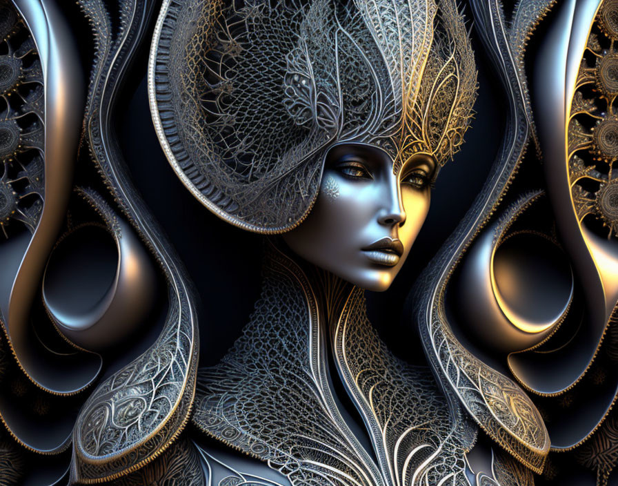 Stylized metallic female figure with intricate headdress against ornate backdrop