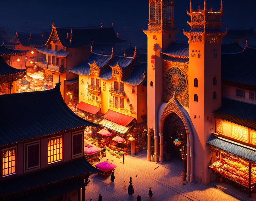 Traditional buildings and illuminated facades at vibrant night market