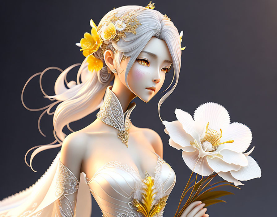 Digital artwork: Woman with white hair, golden flower adornments, intricate jewelry, holding a large white