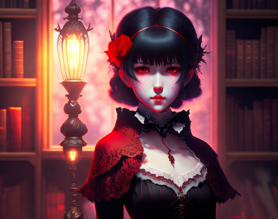 Dark-haired female character in Victorian dress with red flower by lamp and bookshelves